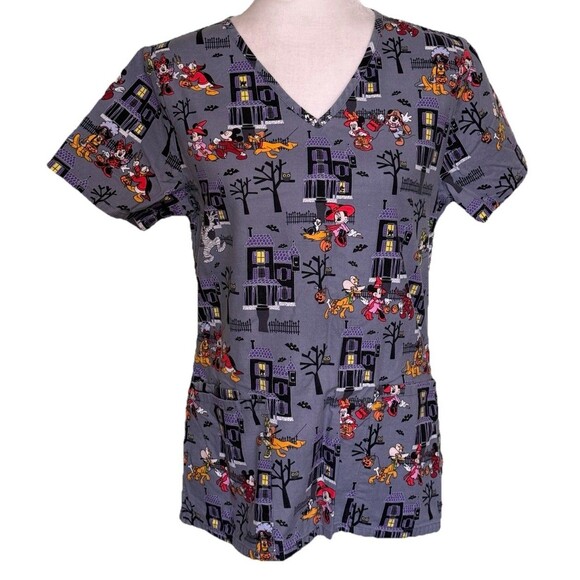 Disney Scrub Top Women’s Mickey Mini Mouse Pluto Halloween Mummy Size XS - Picture 1 of 7